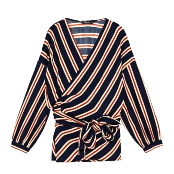 Zara Black Striped V-Neck Long Sleeve True Wrap Blouse - Picture 4 of 16